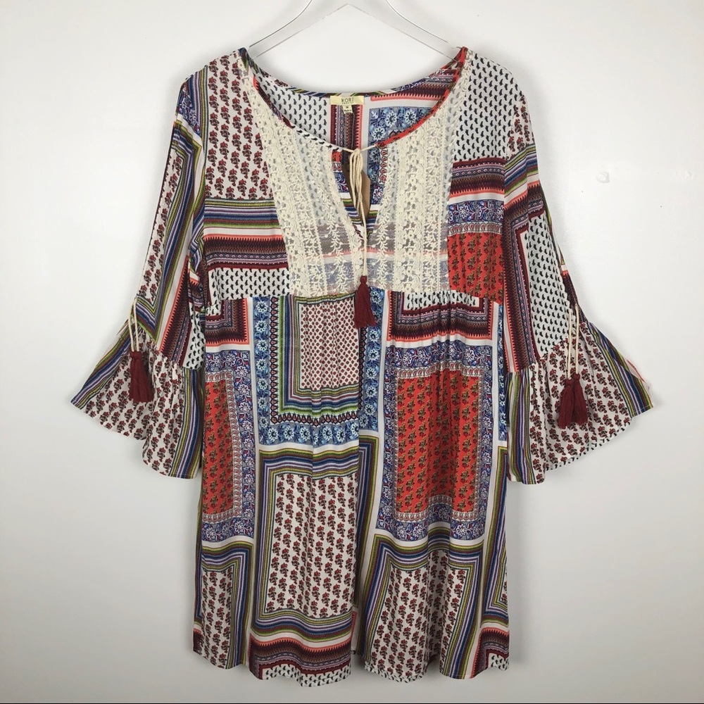 Kori 90's Grunge Babydoll Dress Boho Patchwork Bell Sleeve